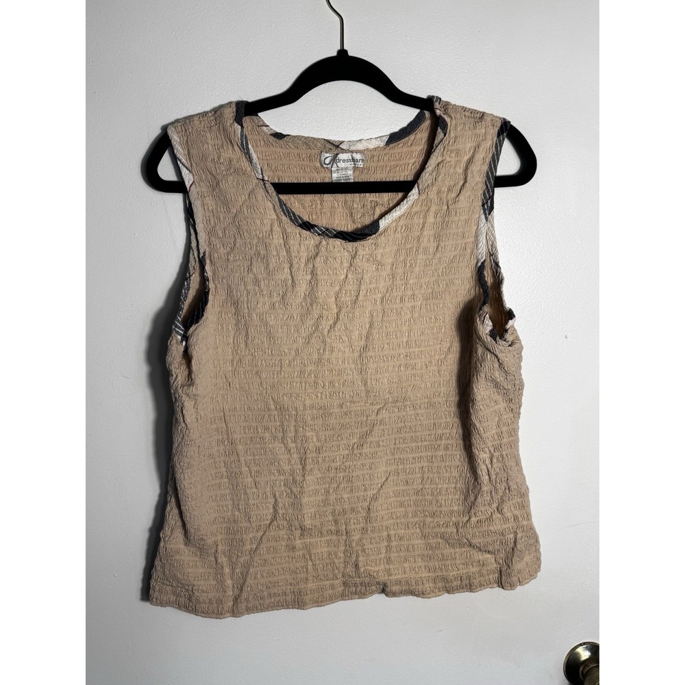 Dressbarn Woman Tank Top 3X Plus Tan Smocked Cotton Plaid Trim Sleeveless Boho